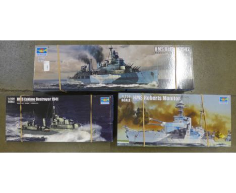 Three Trumpeter 1/350 scale model kits, including HMS Belfast 