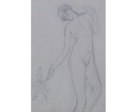 Two framed pencil drawings, pre-raphelite female portrait study, and a study of figures carrying a child, one initialled 'E.E