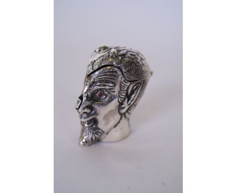 A silver 925 vesta case in the form of the devil with inset ruby eyes, 1½" 