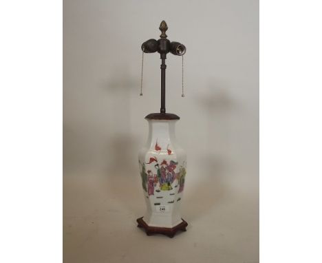 A Chinese porcelain vase with enamel decoration, converted to lamp, vase 12", lamp 24" 