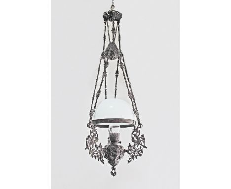 A c19th century Dutch style hanging oil lamp, later converted to electricity, with painted metal scrolled frame, milk glass s