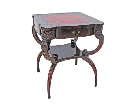A French mahogany side - lamp table etagere, with shaped carved legs, joined by a shelf stretcher, one frieze drawer and gilt