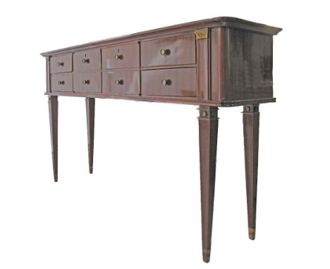 A Neoclassical-style console dresser, mahogany veneered and brass mounted, four drawer and two doors on slender tappering leg