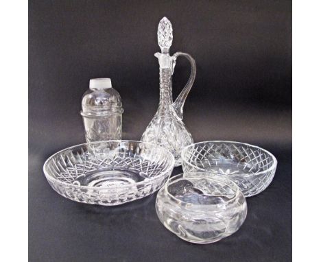 A collection of cut glass comprising three bowls, a bottle and a pitcher with stopper H36cm. (6)
