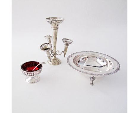 A c19th century silver plated epergne with three branches and trumpet shaped vases with pierced rims H29cm, together with a s