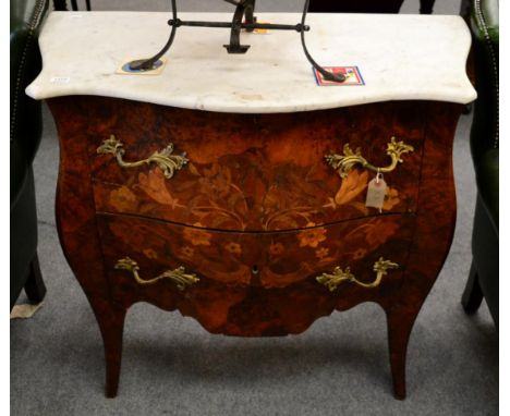 A 19th century French marquetry burr walnut two drawer commode with marble top 