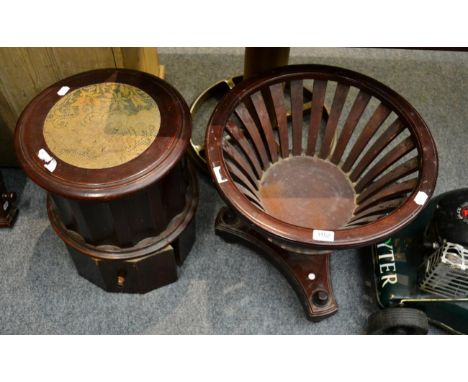 Victorian mahogany cylindrical commode and a mahogany cylindrical planter with slatted sides and triform base 