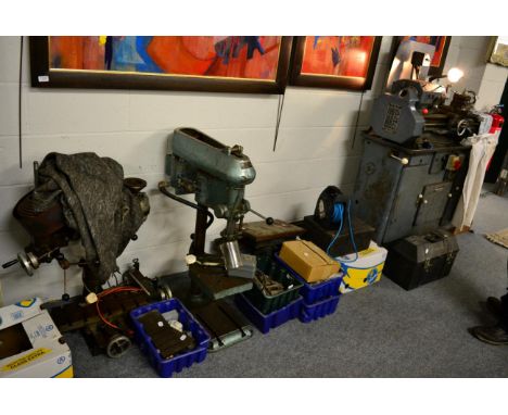 A quantity of industrial metal workers tools including a Boxford lathe, a quantity of taps and dyes, a work bench mounted pil