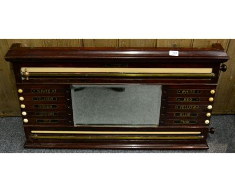 An early 20th century J Coxon mahogany and ivory billiards/snooker scoreboard