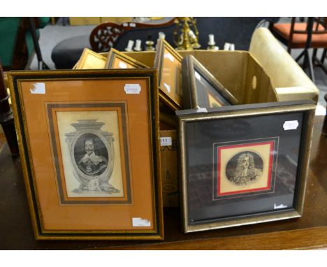Six framed portrait engravings; two Charles II, one Charles I, one Cromwell, and two James II; an engraving of the card playe