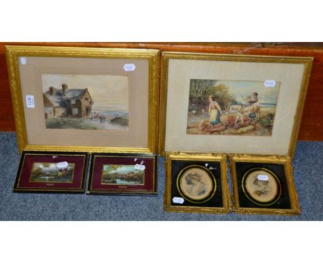 A watercolour after Myles Birkett Foster ''Donkey Ride'', ''An Old Inn, North Wales'' attributable to David Cox, two portrait