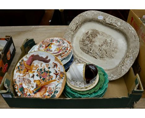 Eight assorted 19th century green-glaze leaf dishes and others including Brameld; five various 20th century Royal Crown Derby