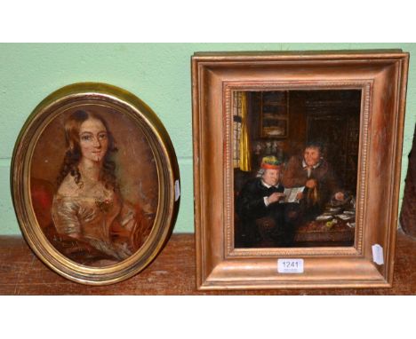 Portrait of a lady, half length, oval, oil on board; and The Money Lender, oil on panel (2)