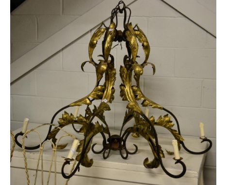 A Venetian style easel mirror, 52cm in height, a wrought iron and parcel gilt metal foliate scrollwork six light electrolier,