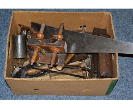 Various woodworking tools including Sorby chisels, an Atkins saw, axe, drill bits, hammers and others (in one box)