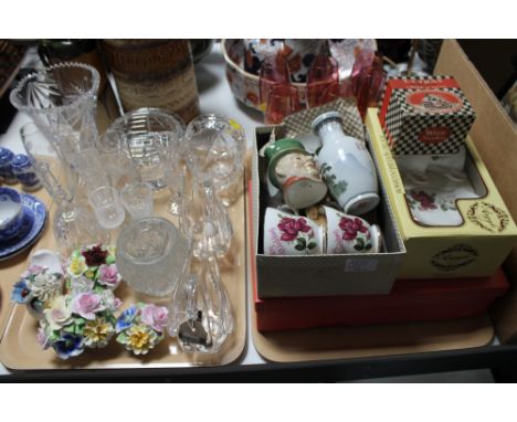 Two trays containing assorted glass ware and lead crystal including pair of Edinburgh crystal swans, rose bowls, vases, toget