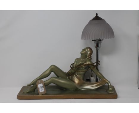 An Art Deco chalk figural table lamp of a seated nude