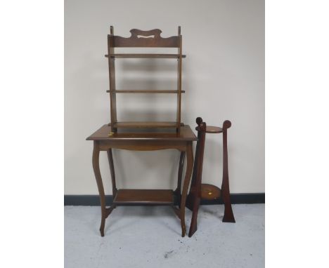 An antique mahogany two-tier occasional table together with a two-tier plant stand and an oak wall shelf