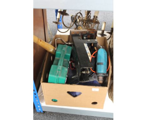 A box of power tools, beer pumps, air bed etc 