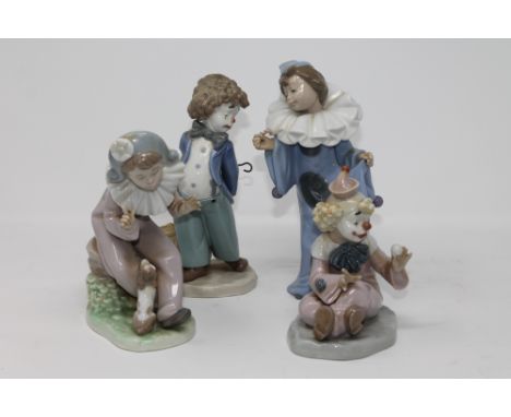 Four Nao figures - Clown with parasol seated, clown holding a ball, clown with flower and clown with dog CONDITION REPORT: On