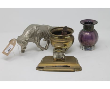 A small brass desk stand together with a small brass planter, cast metal figure of a bull and an antique hand blown glass vas