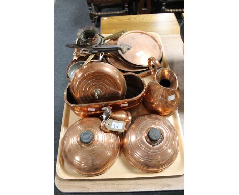 Two trays of antique copper ware, including water bottles, jugs, plant trough, frying pans etc 