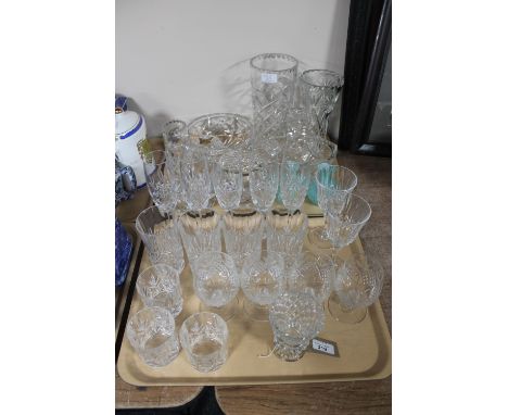 Two trays of lead crystal glass ware including Edinburgh Crystal rose bowl, vases, pair of Caithness vases, drinking glasses 
