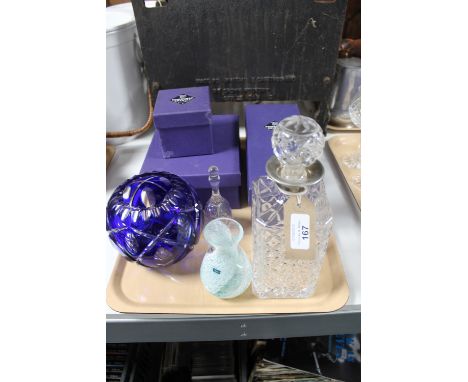 A tray of cut glass and plated whisky decanter, Caithness vase, three boxes of Edinburgh Crystal tumblers 