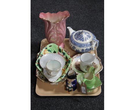 A tray containing eight pieces of Maling china together with a pottery Toby jug and a Wedgwood Willow pattern teapot 
