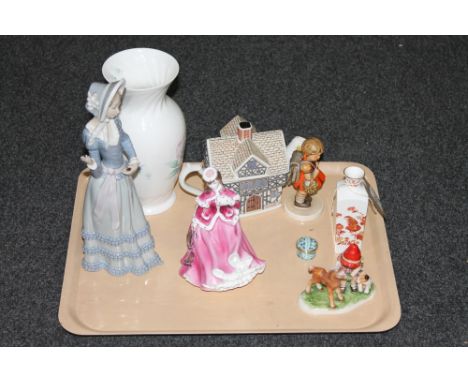 A tray containing a Lladro figure of a lady (lacking parasol), Aynsley vase, Coalport figure of a skater, Wedgwood Golden Coc
