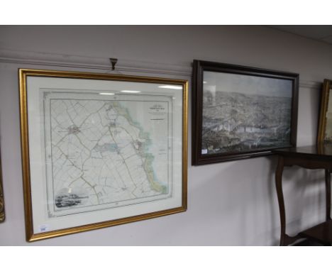 A gilt framed ordnance survey map, Whitley Bay and Surrounding Areas in 1856, together with a framed topographical print of N