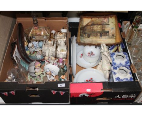 Two boxes of Charles Dickens Old Curiosity Shop lamp with shade, assorted figures, glass dinner ware, Ringtons caddies etc 