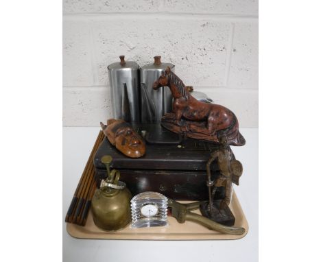 A tray containing Picquot ware and other teapots, vintage cash box, wooden rulers, oil can, Sekonda watch etc CONDITION REPOR