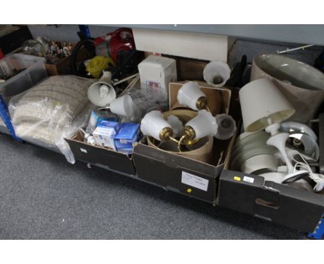 Three boxes of light fittings, angle poise lamp, spot lights, wall lights, shades together with two cushions 
