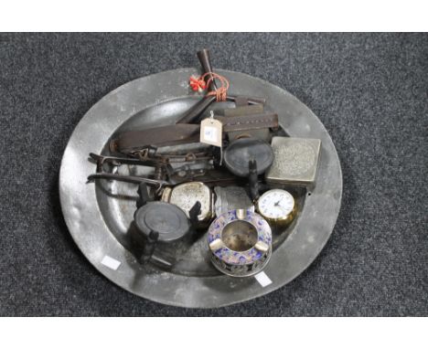An antique pewter charger containing animal trap, vintage secateurs, metal boxes, Chinese white metal and enamel ashtray etc