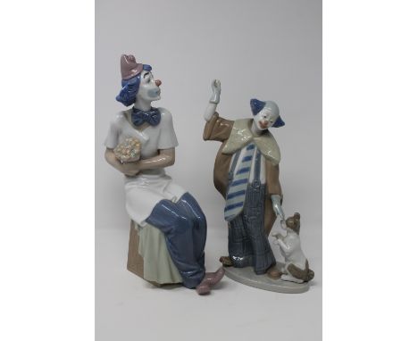 Two large Nao figures - Clown seated with flowers and clown with begging dog CONDITION REPORT: In good condition with no appa