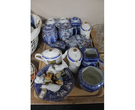 Two trays of Ringtons caddies, Ringtons chintz teapots, wall plates, Nao figures of ducks etc 
