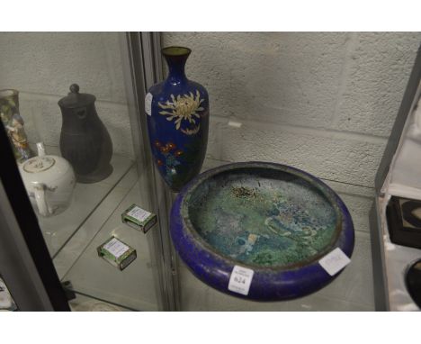 A cloisonne bowl, vase and two enamel matchbox holders.