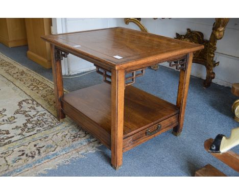 A pair of Chinese style elm two tier single drawer lamp tables.