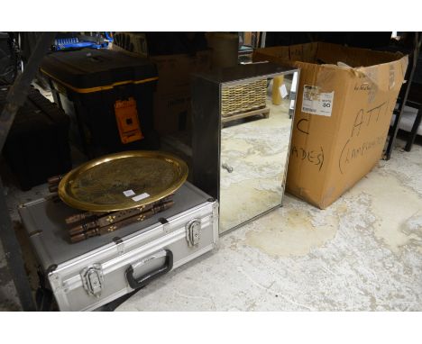 A small brass tray on stand, photographic equipment, lamp shades etc.