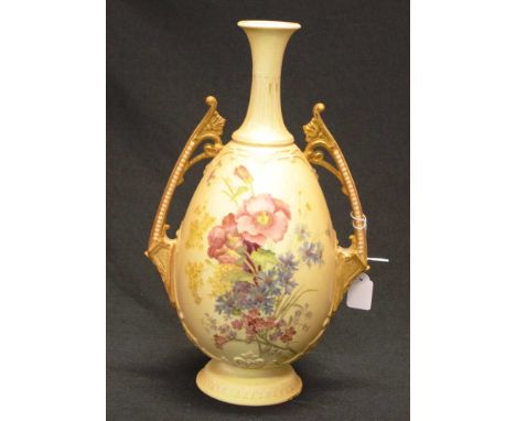 Late Victorian Royal Worcester hand painted vase hand painted blossom decoration, dual handles with gilt highlights, marked t