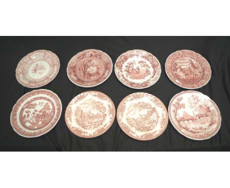 Set six Spode 'Georgian' dinner plates including: 'Woodman,' 'Girl at Well,' 'Rome,' 'Botanical,' 'Floral,' and 'Willow,' (di