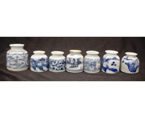 Seven Chinese blue &amp; white porcelain ink pots four pots with wax seal, 6.5cm height approx (tallest)