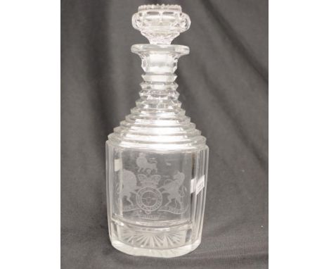 Early 19th C: cut glass decanter - Royal Crest. height 21cm approx (some small chips)