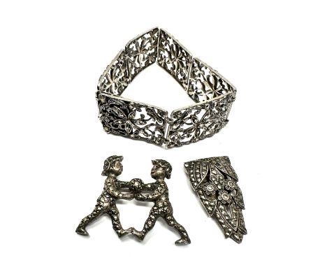 3 X .925 Marcasite Set Jewellery Comprising Of A Panel Bracelet, Dress Clip And Brooch (45g) 