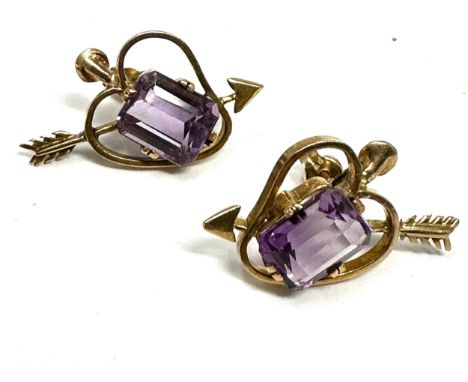 9ct Gold Amethyst Emerald Cut Arrow Pierced Heart Openwork Stud Earrings (4.9g) 