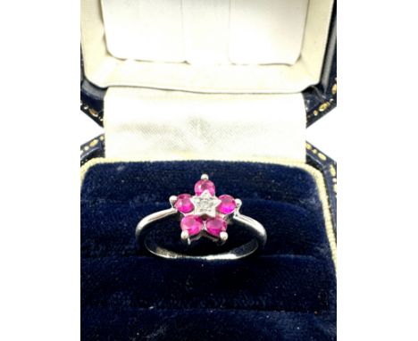 9ct White Gold Diamond And Ruby Flower Cluster Ring (2.1g) 