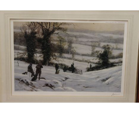 John Trickett a signed Limited Edition print, depicting a days shooting in the snow, 172/850, published by Sally Mitchell, me