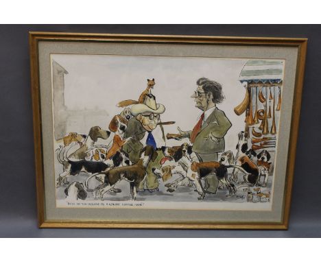 Wilk (John William Wilkinson 1906-1994), watercolour cartoon titled "Now do you believe it's a genuine hunting horn", signed 