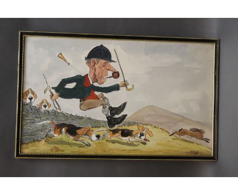 John William Wilkinson (Wilk 1906-1994), watercolour cartoon of Albert Benson and The Windermere Harriers.  30 cm x 50 cm, si